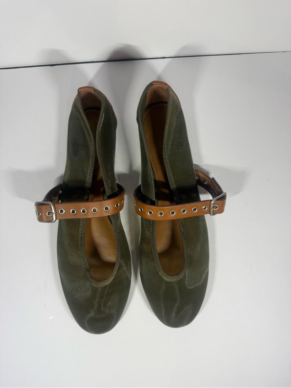 Madewell Olive Green Canvas Mary Jane Heels with Tan Buckle Strap size 9